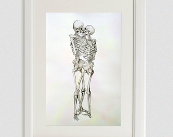 Kissing Skeletons Original Watercolor Painting: Unique Wedding Gift, Human Anatomy Art