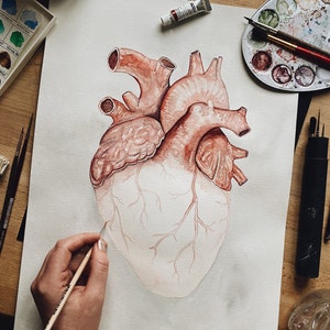 Human Heart Anatomy Print: Anatomical Poster, Watercolor Art, Unique Doctor Gift Artwork, Oddity Curiocity Creepy Goth image 3