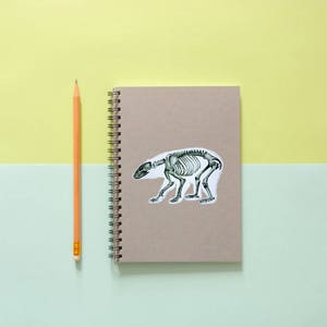 May include: A brown notebook with a spiral binding and a sticker of a bear skeleton on the front. A yellow pencil is lying next to the notebook on a light blue and yellow surface.