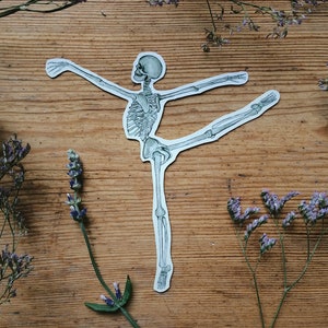 May include: A grayscale illustration of a human skeleton in a ballet pose, with one leg extended and arms outstretched. The image is set against a wooden background, with sprigs of purple flowers on either side.