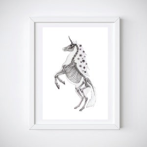 May include: A black and white illustration of a unicorn skeleton with a floral garland around its neck and mane. The unicorn is standing on its hind legs with its front legs raised.