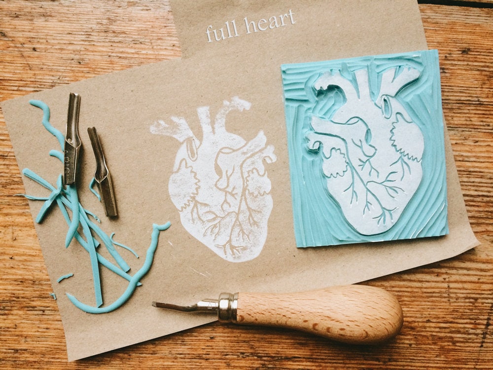 Human Heart Rubber Stamp: Hand Carved Anatomy Art