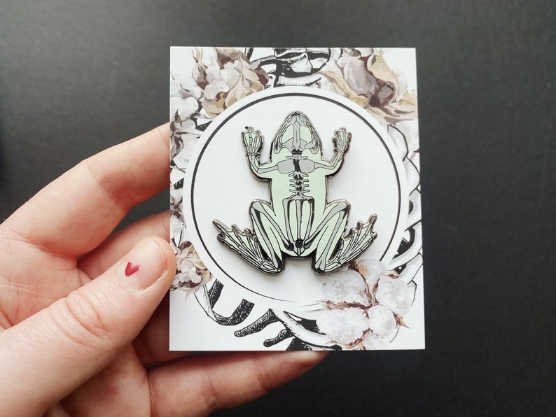 Op de afbeelding: Een witte emaille pin met een gedetailleerde skelet-kikker met een lichtgroen doorschijnend lichaam. De pin wordt getoond op een witte kaart met een bloemmotief.