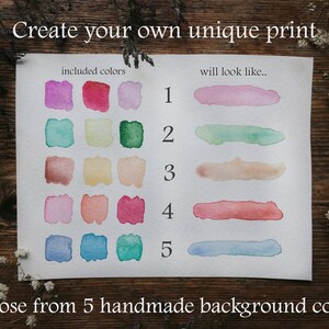 May include: A chart showing five different watercolor background colors. The colors are pink, green, beige, orange, and blue. The chart also shows a selection of 15 watercolor colors that can be used to create a custom print.
