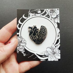 Black Half Heart Brain Hard Enamel Pin: Small Anatomical Human Organ, Dark Anatomy Art Valentines Day Gift image 5