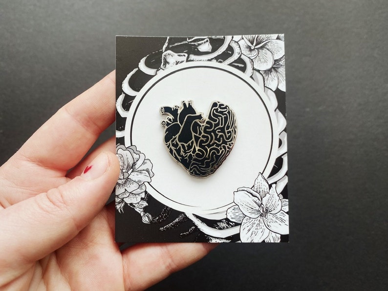 Black Half Heart Brain Hard Enamel Pin: Small Anatomical Human Organ, Dark Anatomy Art Valentines Day Gift image 5
