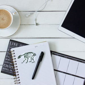 May include: A white desk with a cup of coffee, a notebook with a pen, a black and white planner, and a tablet computer. The notebook has a sticker of a skeleton of a bear on it.