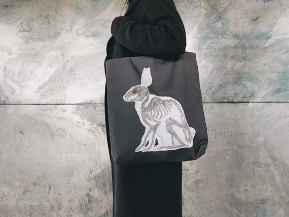 Rabbit Skeleton Black Tote Bag: Anatomical Bunny, Gothic  display picture 1