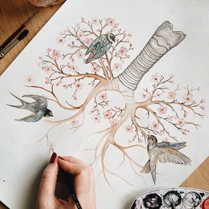 May include: Watercolor painting of a stylized human lung with branches of a cherry blossom tree growing from it. Three small birds are perched on the branches. The painting is on a white background and is being worked on by an artist.