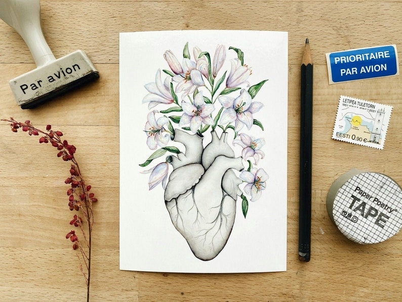 Lily Floral Heart Postcard: Anatomy Art Gift, Anatomical Lilies Flower Nature, Illustrated Card image 1