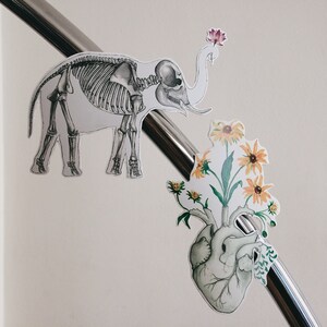 May include: A skeletal elephant with a flower on its head and a heart with flowers growing out of it. The heart and elephant are both white with black outlines. The flowers are yellow and green.