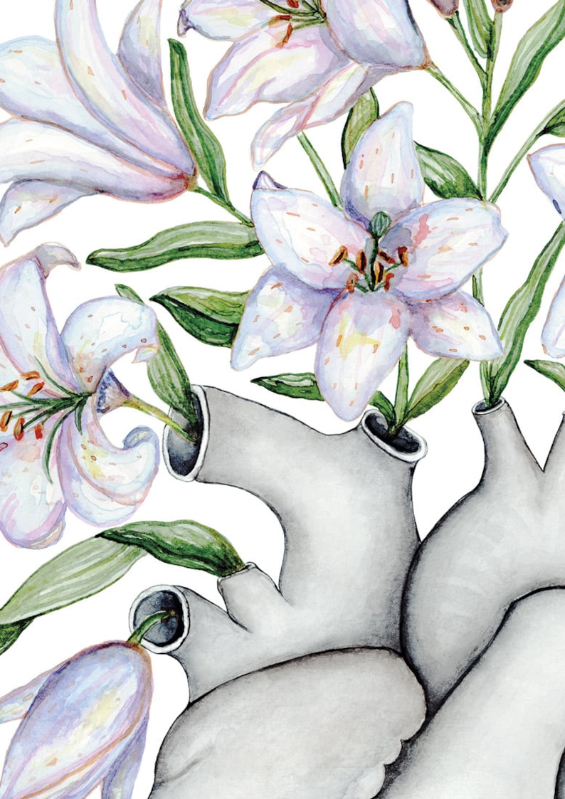 May include: A watercolor painting of a human heart with white lilies growing out of it. The lilies are white with pink and yellow accents. The heart is gray and has a realistic anatomical appearance.