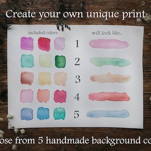 May include: A chart showing five watercolor background colors with corresponding swatches of five different colors to choose from. The text reads "Create your own unique print" and "Choose from 5 handmade background colors".