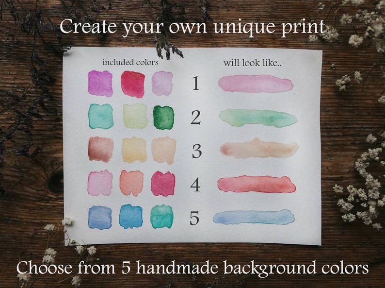 May include: A chart showing five watercolor background colors with corresponding swatches of five different colors to choose from. The text reads "Create your own unique print" and "Choose from 5 handmade background colors".