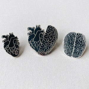 Black Half Heart Brain Hard Enamel Pin: Small Anatomical Human Organ, Dark Anatomy Art Valentines Day Gift image 4
