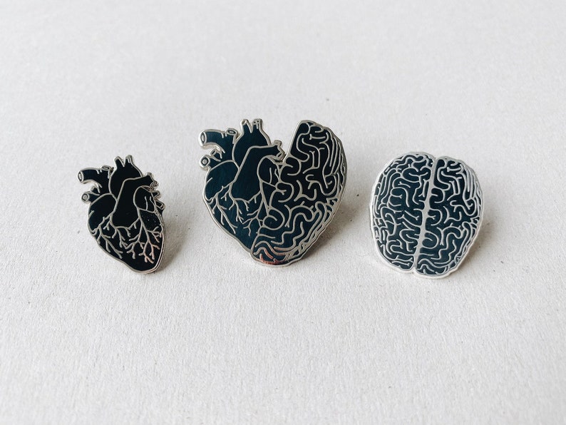 Black Half Heart Brain Hard Enamel Pin: Small Anatomical Human Organ, Dark Anatomy Art Valentines Day Gift image 4