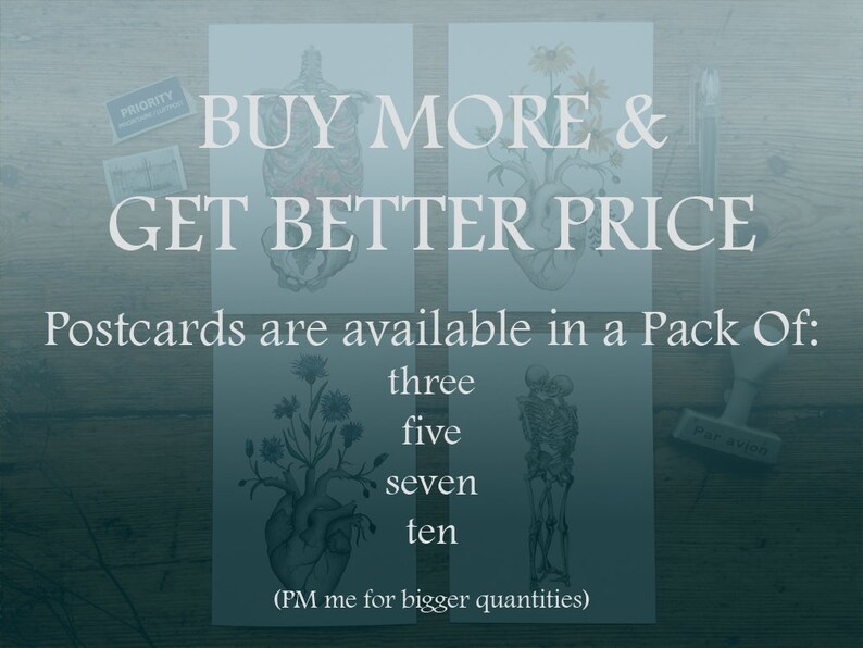 May include: A digital image showing a variety of vintage anatomical illustrations of the human body. The image includes a heart, skeleton, and lungs. The text on the image reads "BUY MORE & GET BETTER PRICE Postcards are available in a Pack Of: three five seven ten (PM me for bigger quantities)"