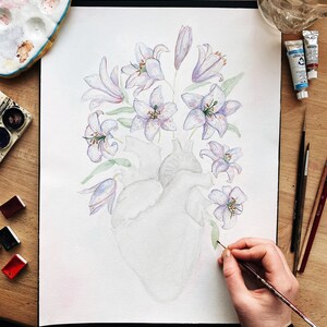 Blooming Heart with Lilies Anatomy Painting: Anatomical Original Artwork, Floral Cardiologist Doctor Office Flower Decor image 4