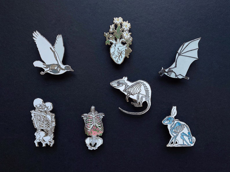 Puede incluir: Un conjunto de 8 pines de esmalte que representan esqueletos anat&oacute;micos de varios animales, incluyendo un p&aacute;jaro, un murci&eacute;lago, una rata, un conejo y figuras humanas. Los pines son blancos con contornos negros y algunos tienen sutiles acentos de color.