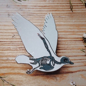 May include: A white enamel pin of a bird with a skeleton inside. The bird is in flight with its wings spread out. The skeleton is detailed and visible through the bird's body.