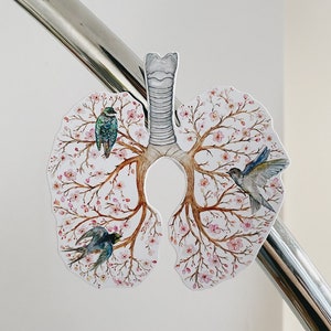 May include: A white paper cutout of a pair of lungs with a gray trachea. The lungs are decorated with pink cherry blossoms and three blue and green birds.