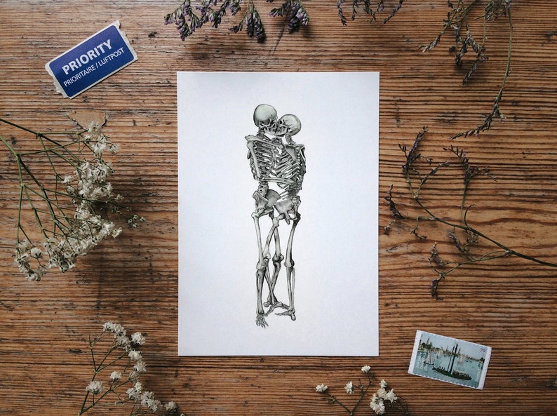 Skeleton Kiss Postcard: Anatomy Card, Love Forever, Unique Wedding, Small Print image 1