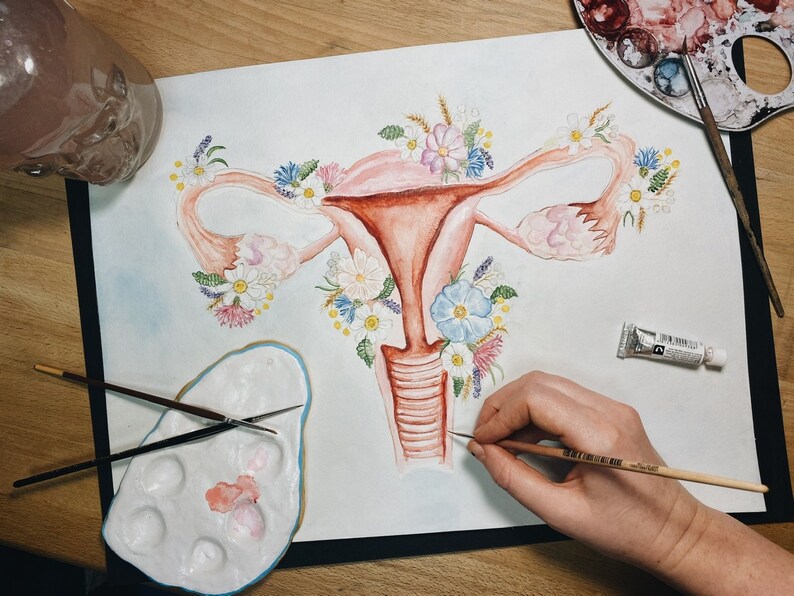 May include: A watercolor painting of a uterus with flowers surrounding it. The painting is on a white sheet of paper and is being worked on by an artist.