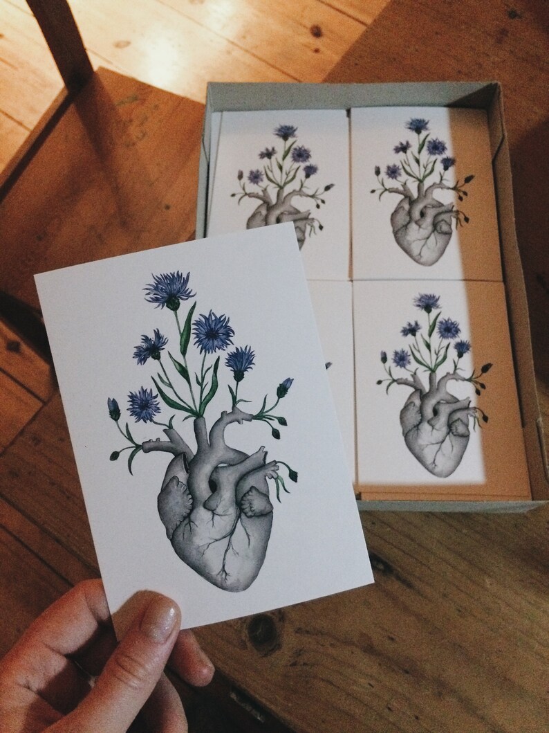 Illustrated Card Skeleton Flower Nature for Friend Love Goth Anatomy Art Gift Blue Cornflower Floral Heart Postcard