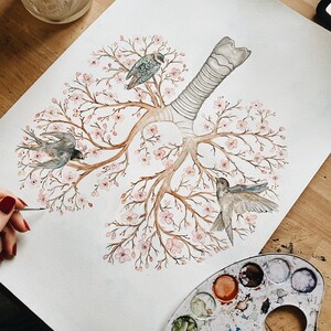 May include: Watercolor painting of a tree with pink flowers and three birds. The tree is shaped like a human lung. The painting is on a white background and is being worked on by an artist.