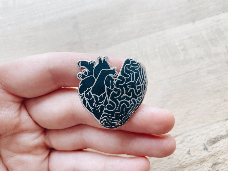 Black Half Heart Brain Hard Enamel Pin: Small Anatomical Human Organ, Dark Anatomy Art Valentines Day Gift image 1