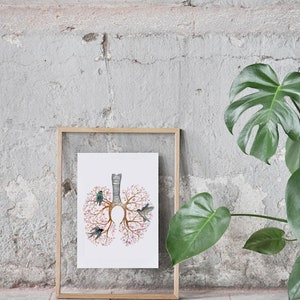 May include: A framed print of a watercolor illustration of a human lung with a tree growing from it. The tree has pink flowers and there are birds perched on the branches.