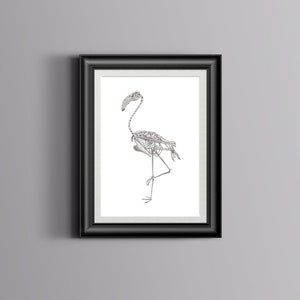 May include: A black and white illustration of a flamingo skeleton in a black frame.