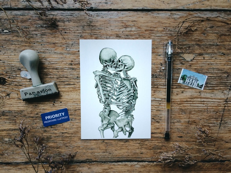 Kissing Skeletons Postcard: LGBTQ+, Gay Lesbian, I Love You Forever, Unique Anatomy Art, Valentines Card, Small Print image 1
