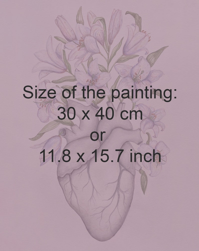 Blooming Heart with Lilies Anatomy Painting: Anatomical Original Artwork, Floral Cardiologist Doctor Office Flower Decor image 3