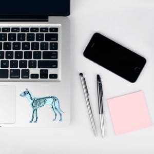 May include: A laptop with a black keyboard and a sticker of a dog skeleton. A black smartphone, two pens, and a pink sticky note are arranged on a white surface, creating a workspace scene.