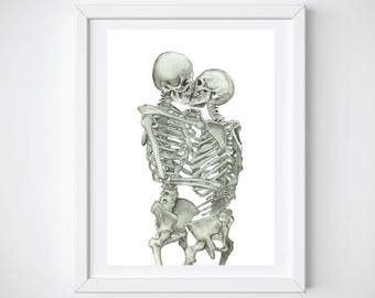 Human Anatomy Print: Skeleton Kiss, Love Wall Art, Anatomical Art Print,Till Death Do Us Part