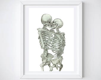 Skeleton Kiss Watercolor Print: Anatomical Love Art