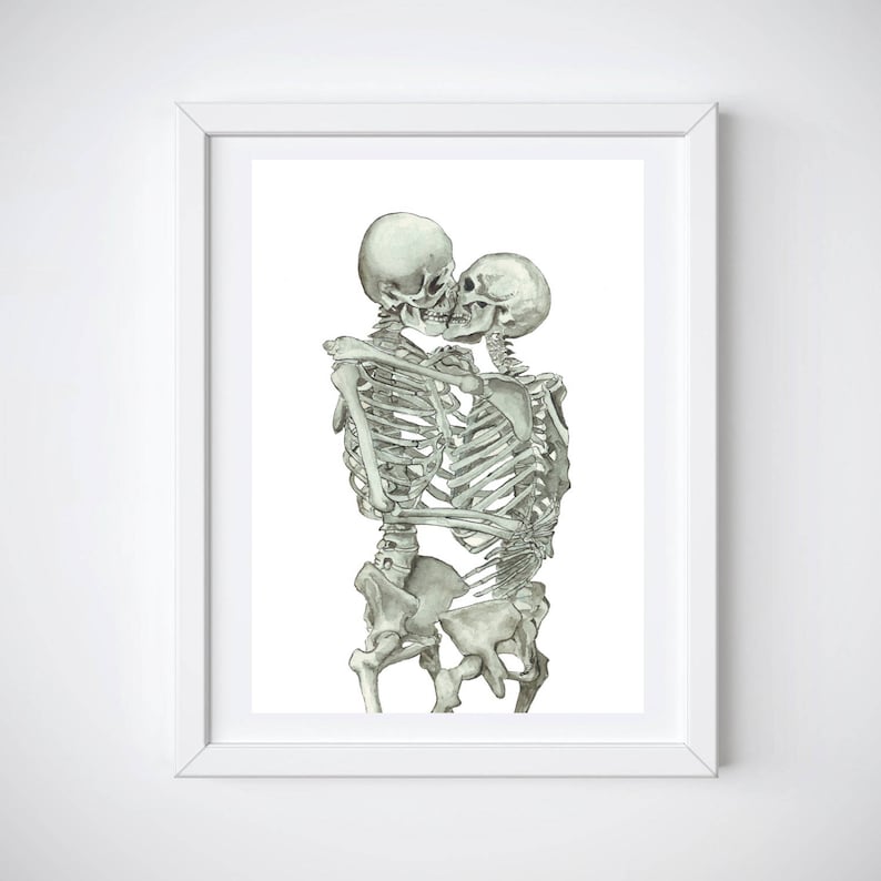 Skeleton Kiss Watercolor Print: Anatomical Love Art image 1
