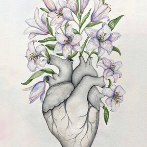 Blooming Heart with Lilies Anatomy Painting: Anatomical Original Artwork, Floral Cardiologist Doctor Office Flower Decor image 2