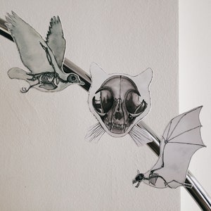 May include: Three paper cutouts of animal skeletons: a bird, a cat, and a bat. The bird is in flight, the cat is facing forward, and the bat is flying with its wings spread. All three are drawn in black and white.