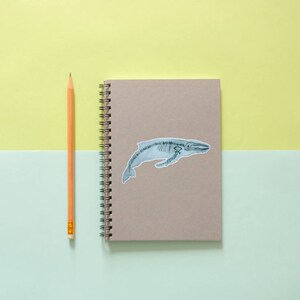 Pode incluir: Um caderno marrom com espiral e um adesivo de baleia na capa. Um l&aacute;pis amarelo est&aacute; ao lado do caderno em um fundo azul claro e amarelo.