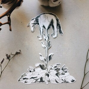 May include: A black and white illustration of a wolf-like creature atop a stylized plant. The artwork is cut out and placed on a neutral background, with dried flowers and cotton branches adding a natural aesthetic.