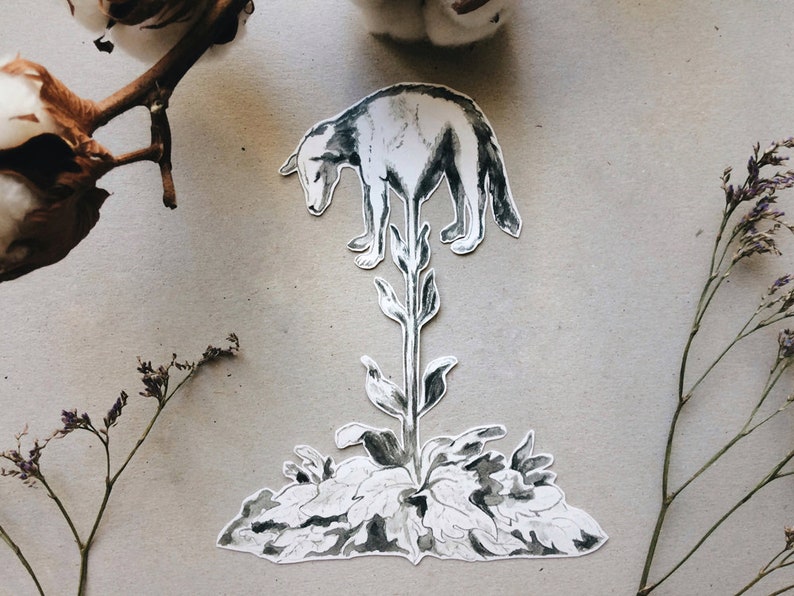 May include: A black and white illustration of a wolf-like creature atop a stylized plant. The artwork is cut out and placed on a neutral background, with dried flowers and cotton branches adding a natural aesthetic.