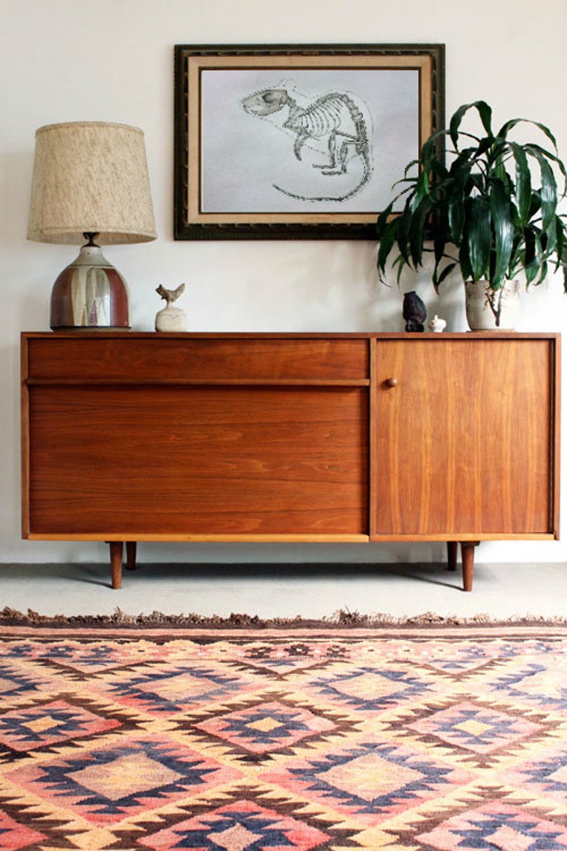 May include: A mid-century modern wooden cabinet with a single drawer and a door. The cabinet is on a rug with a geometric pattern in shades of pink, blue, and brown. A lamp with a beige shade and a ceramic base sits on top of the cabinet. A framed print of a rat skeleton is on the wall above the cabinet.