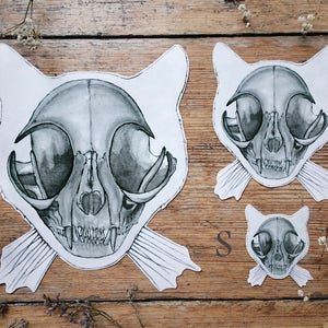 May include: Three black and white cat skull illustrations on a wooden background. The illustrations are in different sizes, with the largest one being labelled "L", the medium one labelled "M", and the smallest one labelled "S".