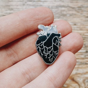 Black Heart Hard Enamel Pin: Small Anatomical Human Heart, Dark Anatomy Art Valentines Day Gift image 3