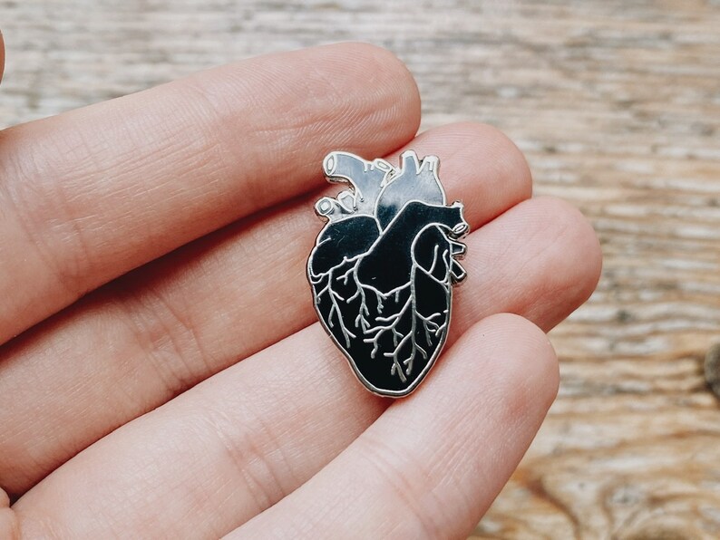 Black Heart Hard Enamel Pin: Small Anatomical Human Heart, Dark Anatomy Art Valentines Day Gift image 3