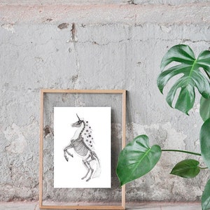 May include: A framed black and white illustration of a unicorn skeleton with a spotted mane and tail. The illustration is on a white background and is framed in a light wood frame.