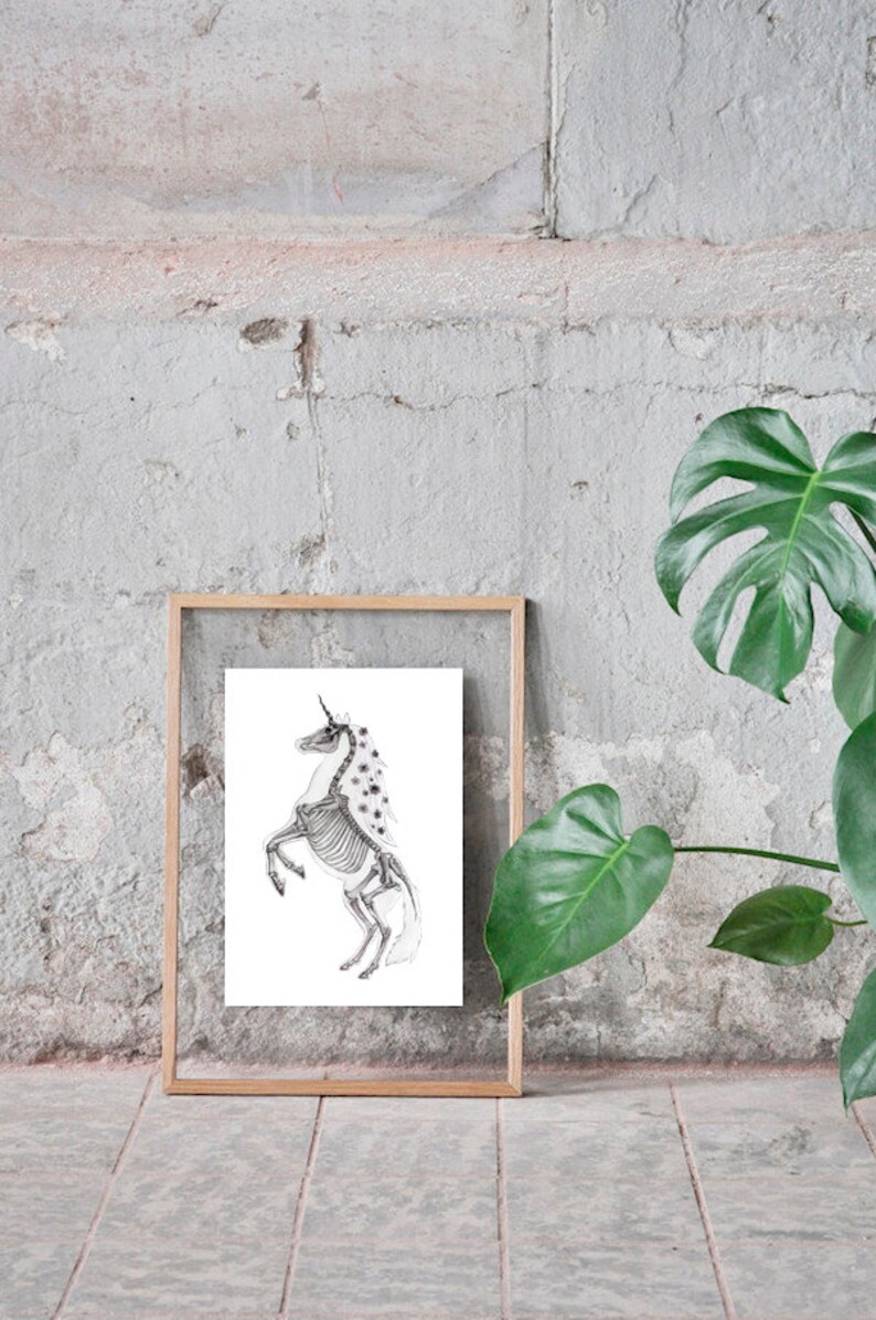 May include: A framed black and white illustration of a unicorn skeleton with a spotted mane and tail. The illustration is on a white background and is framed in a light wood frame.