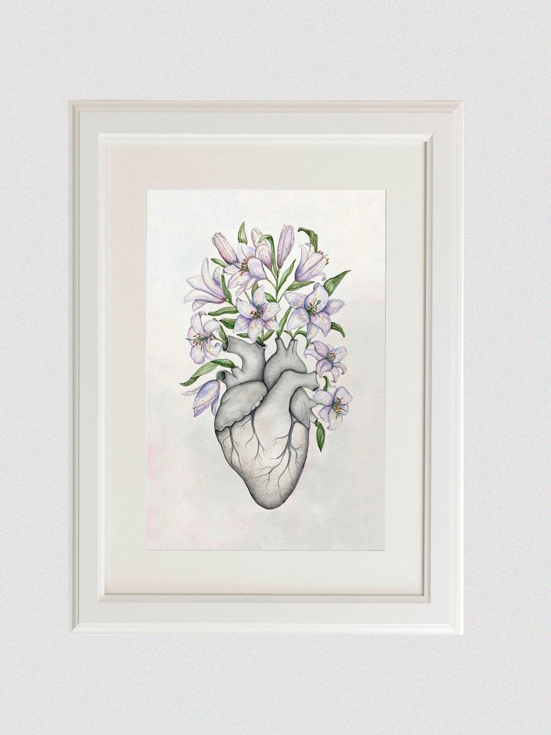 Blooming Heart with Lilies Anatomy Painting: Anatomical Original Artwork, Floral Cardiologist Doctor Office Flower Decor image 1